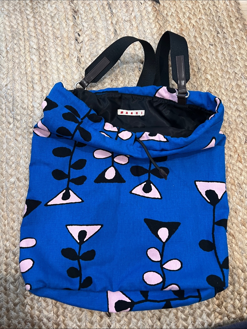 Marni Blue Floral Drawstring Cotton Backpack with Pink & Black Abstract Motif